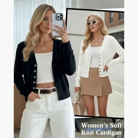 Lightweight Cropped Cardigan Set, V-Neck Button Down Long Sleeve Knit Sweaters - Picture 2 of 7